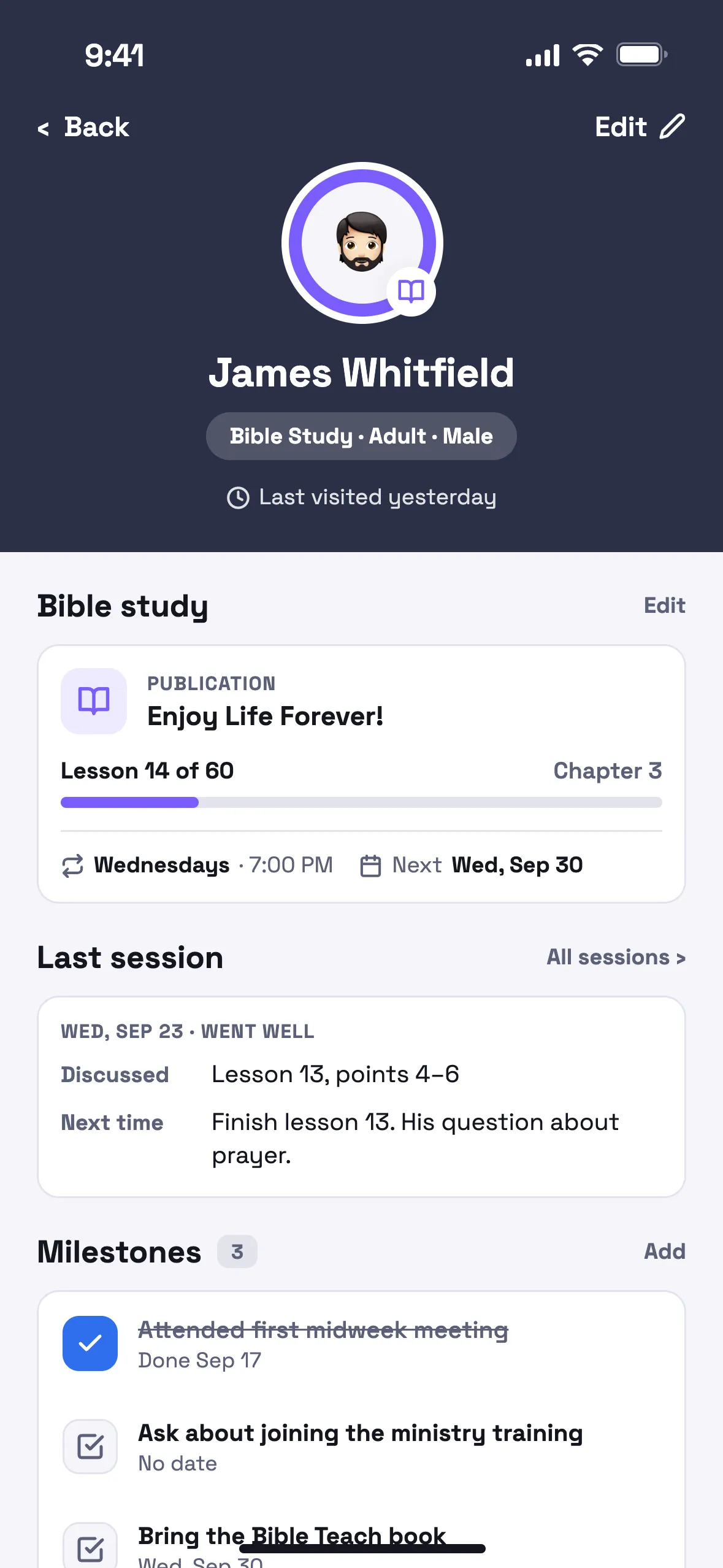 A Bible study screen for James Whitfield: lessons, milestones and the next session