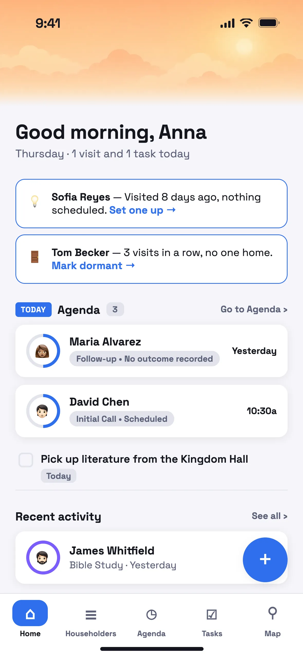 The Home screen: today's visits, a gentle nudge about Maria, and the people Anna is returning to