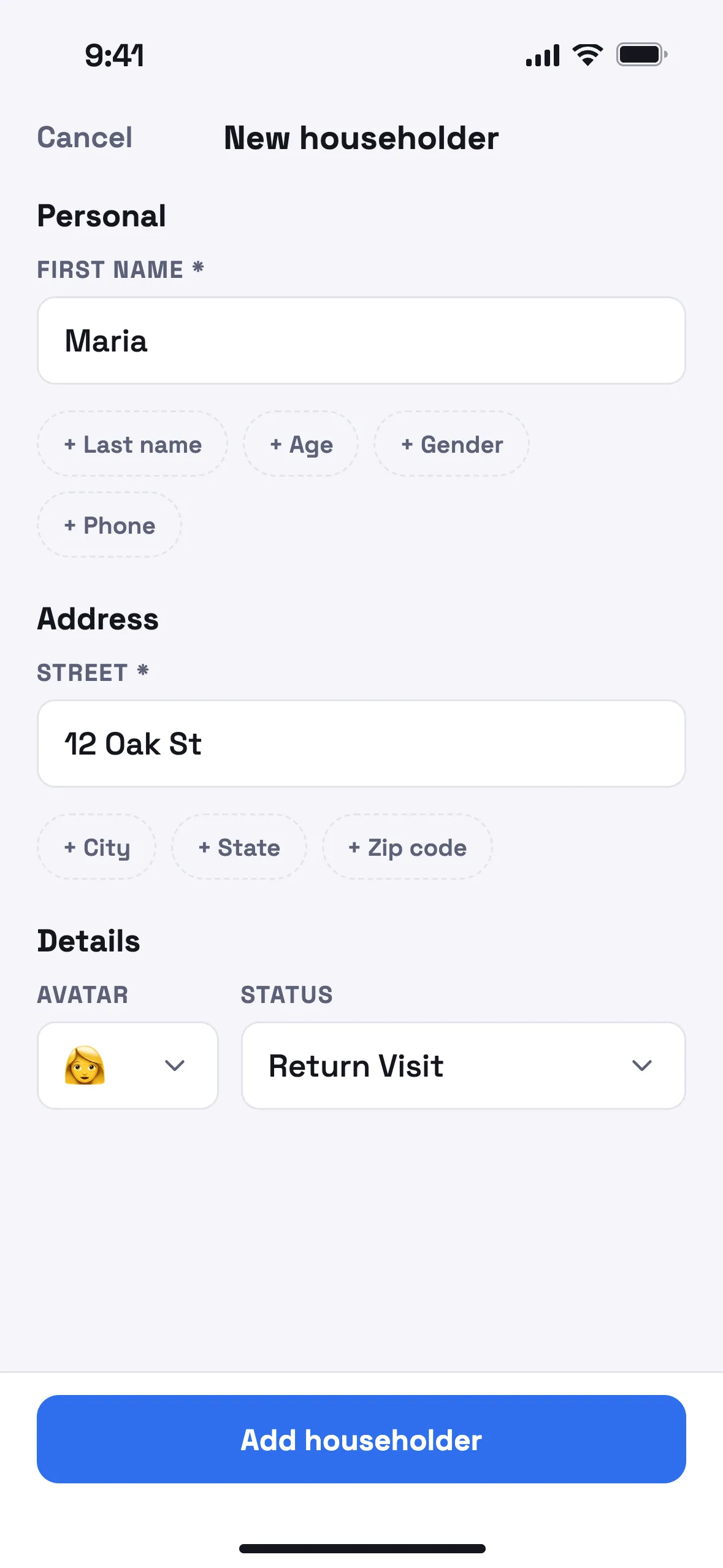 The new householder form, with a name and street filled in and optional fields waiting below