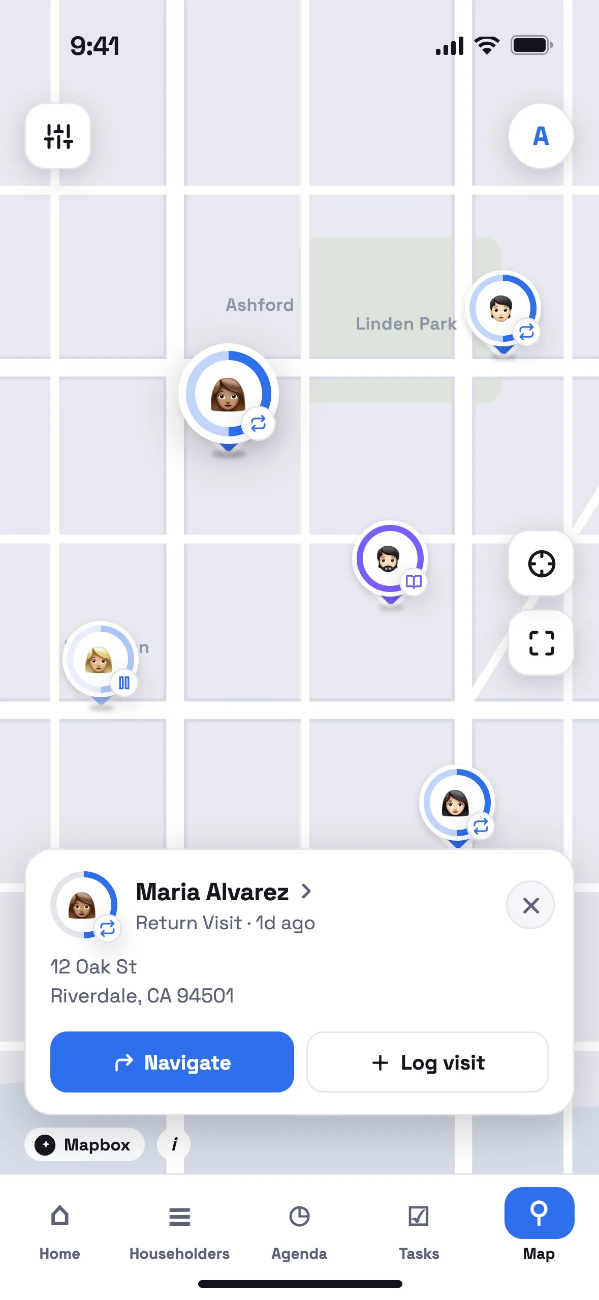 The Map, with Maria Alvarez's pin selected and her card raised
