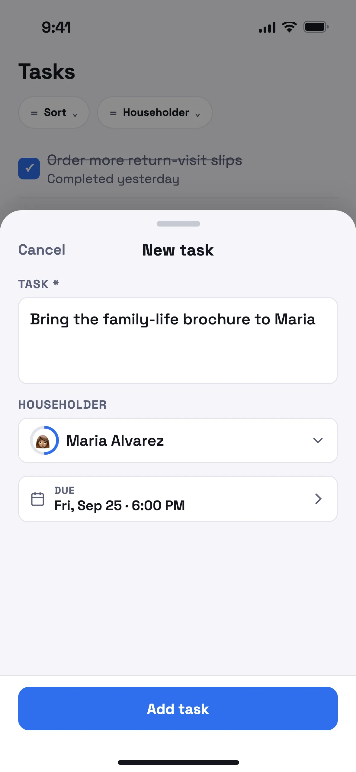 The new task sheet raised over the Tasks list